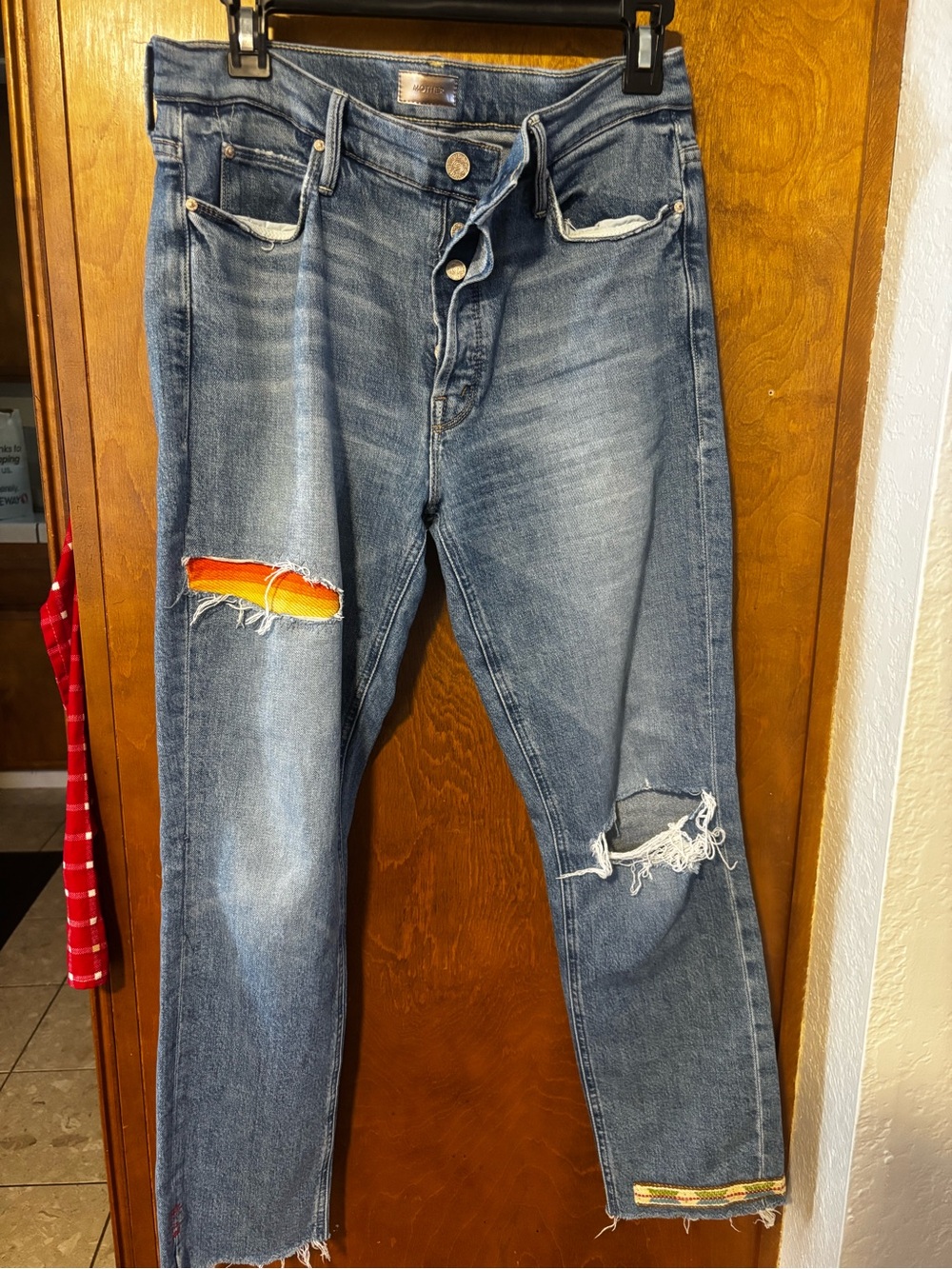 MOTHER Men's Blue Slim Straight Jeans with Rainbow Patch Accents